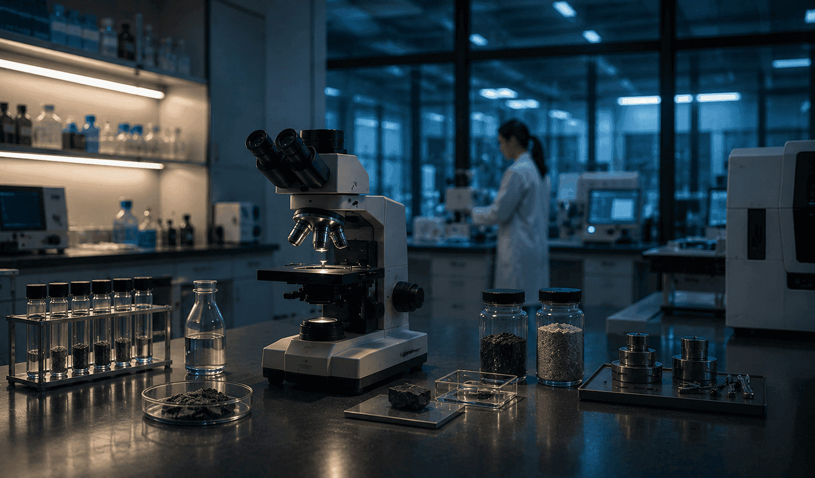 Researchers examining material samples in a scientific laboratory